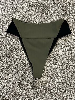 CXIX Ribbed High-Cut Bikini Bottom in Olive Green and Black